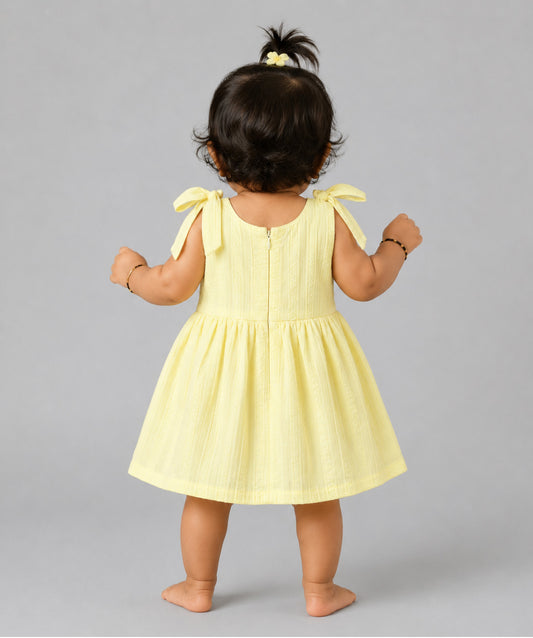 Seer Sucker Muslin Self Knotted Frock With Embroidery Lt. Yellow