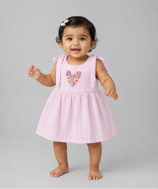 Seer Sucker Muslin Self Knotted Frock With Embroidery Lavender