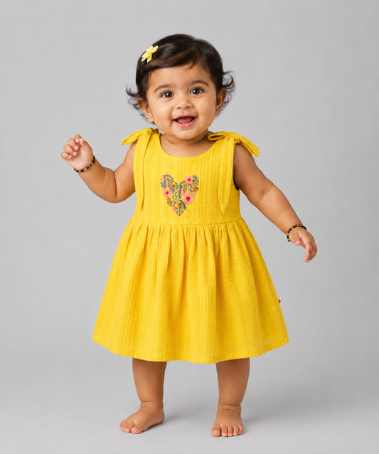 Seer Sucker Muslin Self Knotted Frock With Embroidery Dk.Yellow