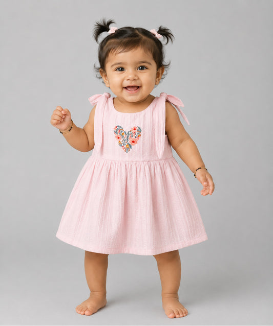 Seer Sucker Muslin Self Knotted Frock With Embroidery Lt. Pink