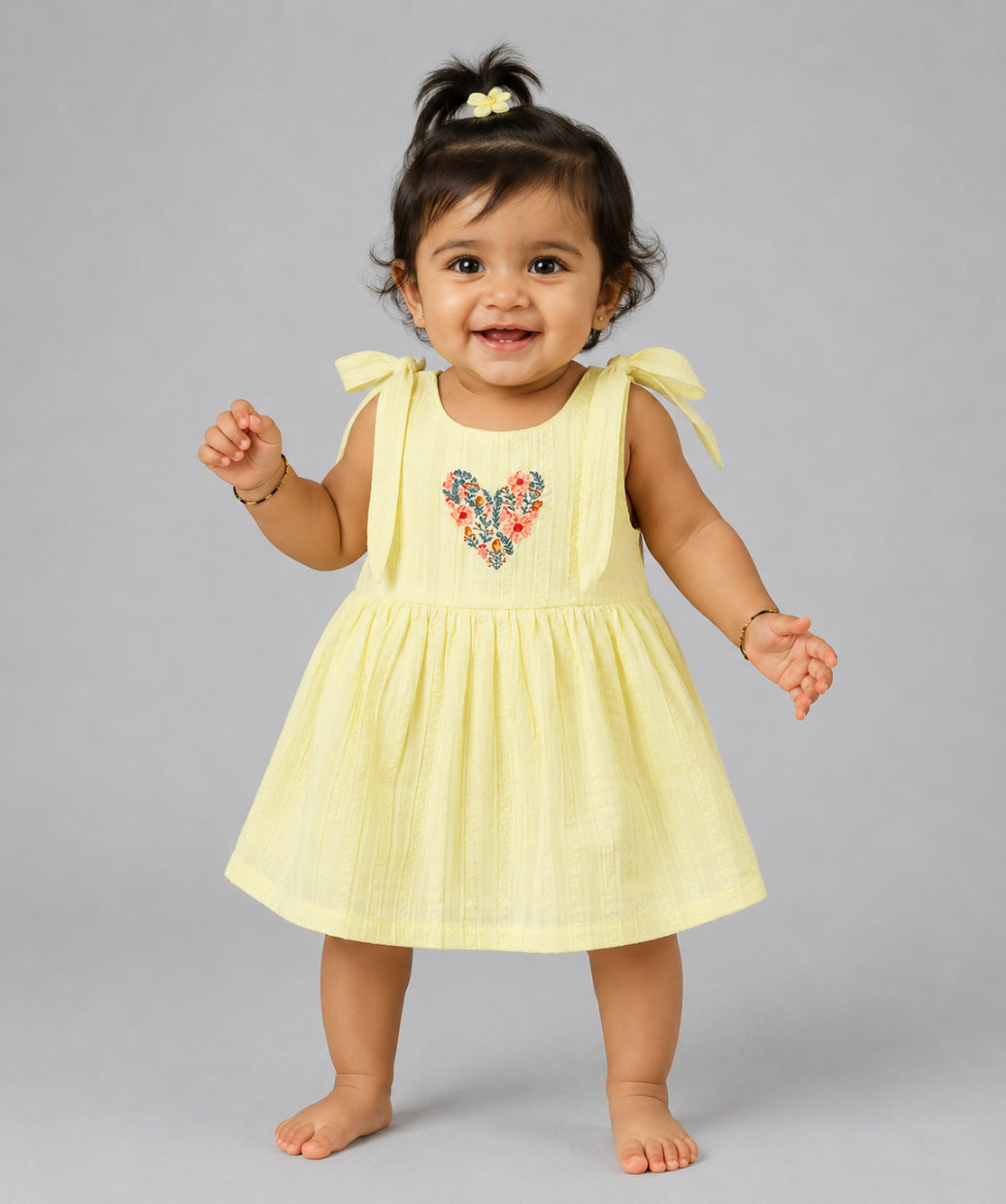 Seer Sucker Muslin Self Knotted Frock With Embroidery Lt. Yellow