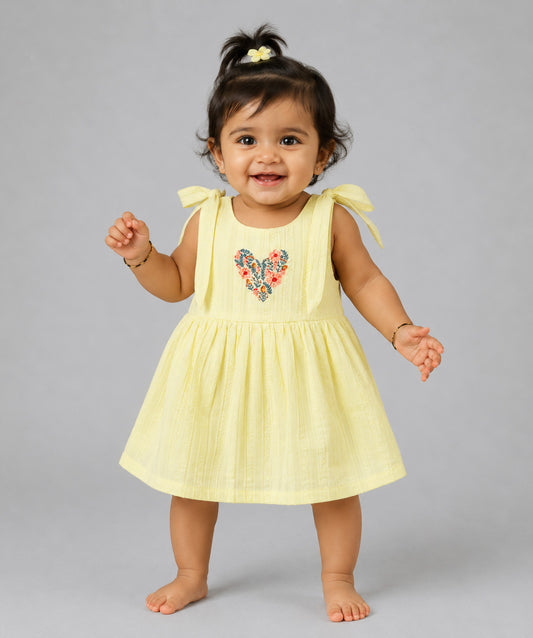 Seer Sucker Muslin Self Knotted Frock With Embroidery Lt. Yellow