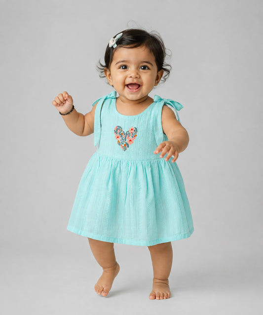 Seer Sucker Muslin Self Knotted Frock With Embroidery MInt