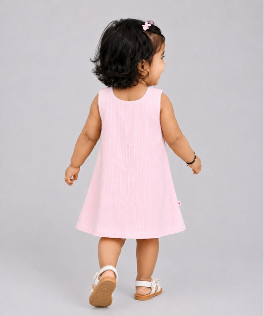 Seer Sucker Muslin Shoulder Button Frock With Embroidery Light Pink