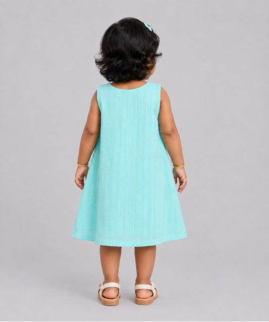 Seer Sucker Muslin Shoulder Button Frock With Embroidery Mint