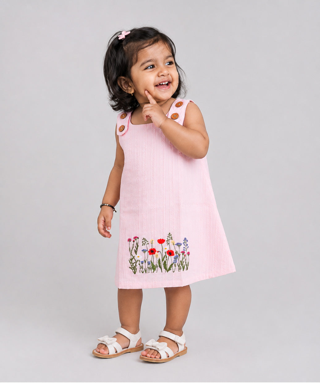 Seer Sucker Muslin Shoulder Button Frock With Embroidery Light Pink