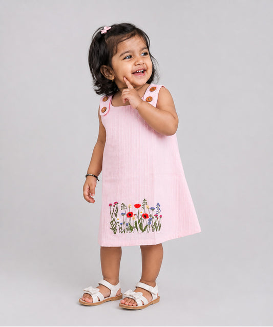 Seer Sucker Muslin Shoulder Button Frock With Embroidery Light Pink
