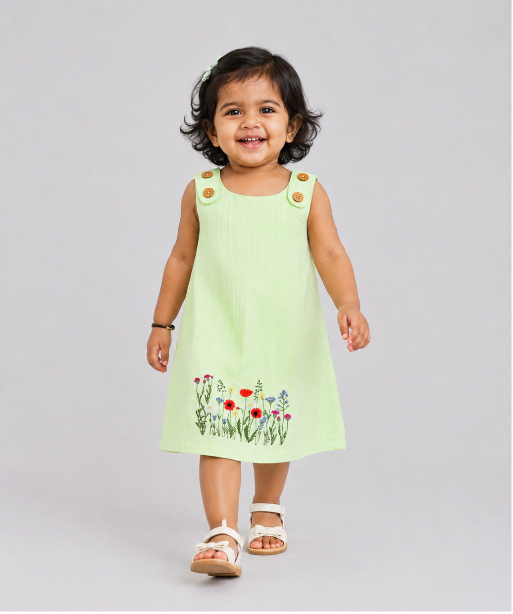Seer Sucker Muslin Shoulder Button  Frock With Embroidery Lt.Green