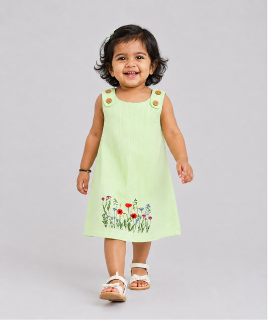 Seer Sucker Muslin Shoulder Button  Frock With Embroidery Lt.Green