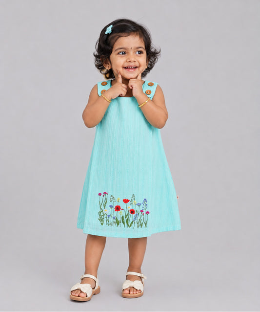 Seer Sucker Muslin Shoulder Button Frock With Embroidery Mint