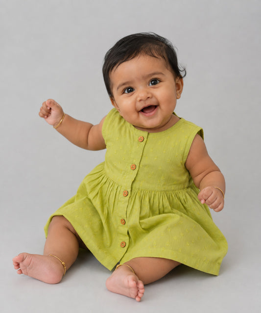 Swiss Dobby Sleeveless Casual Frock - Palm Green