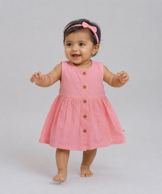 Swiss Dobby Sleeveless Casual Frock - Melon Pink