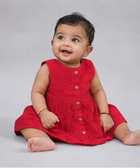 Swiss Dobby Sleeveless Casual Frock - Carmine