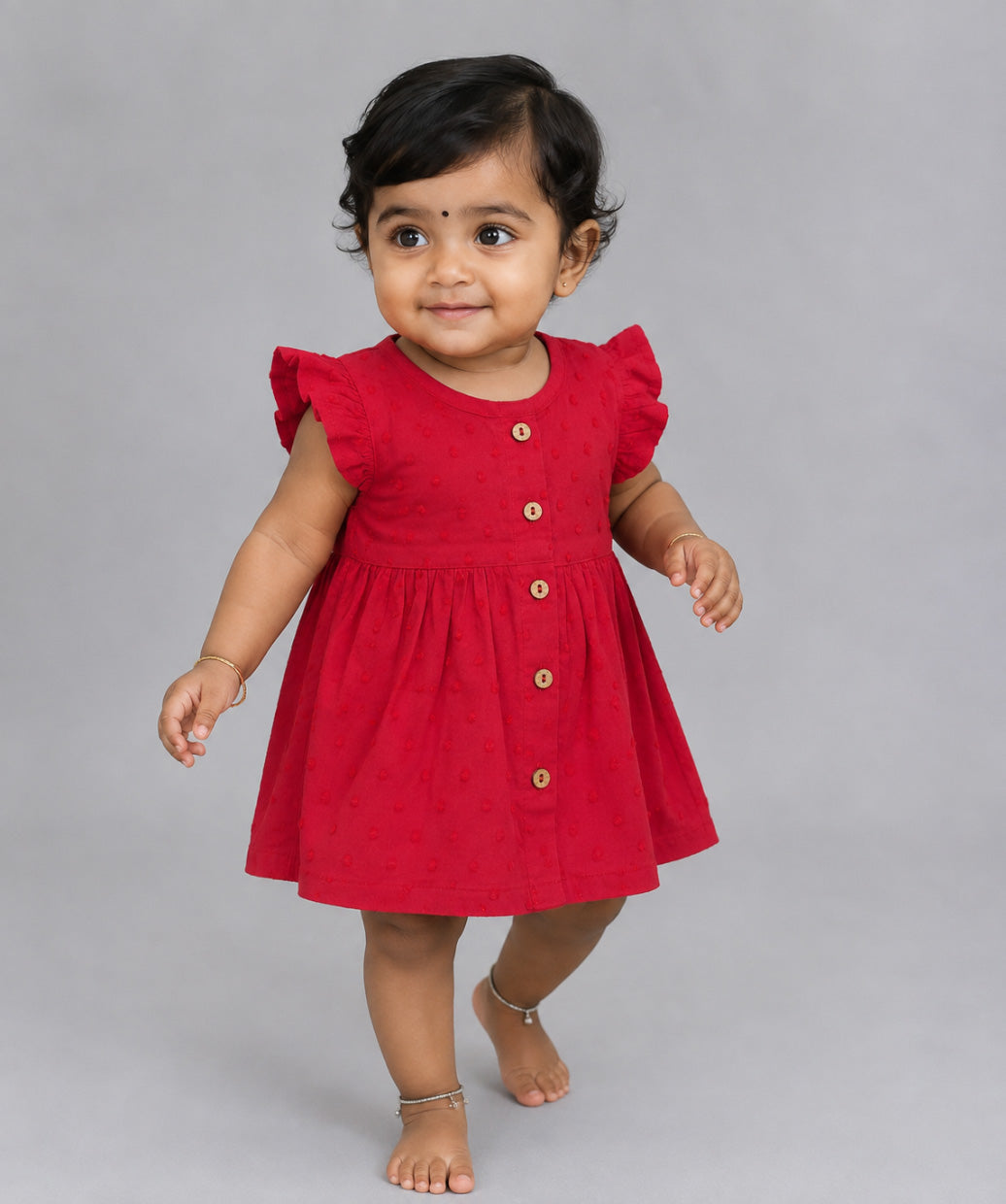 Swiss Dobby Half Sleeve Casual Frock - Carmine