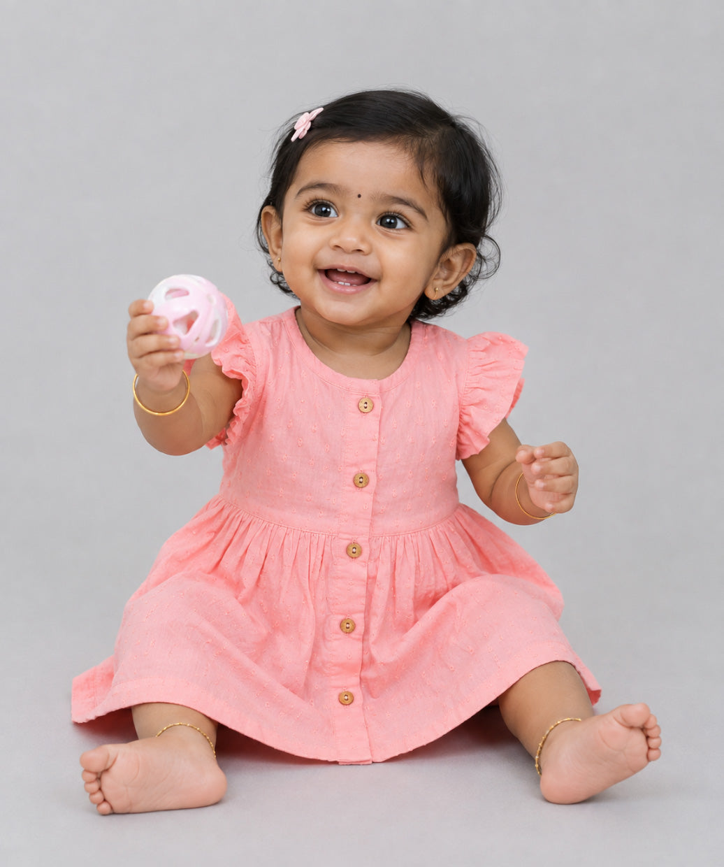 Swiss Dobby Half Sleeve Casual Frock - Melon Pink