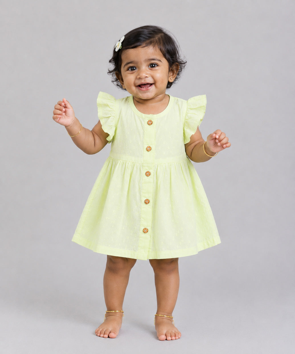 Swiss Dobby Half Sleeve Casual Frock - Lime Cream