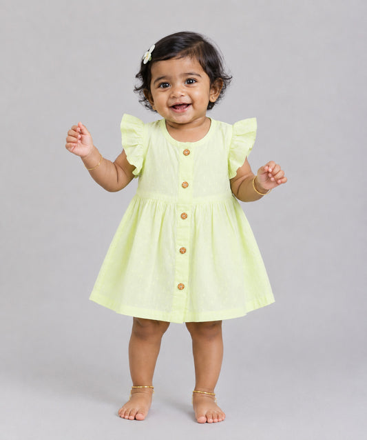 Swiss Dobby Half Sleeve Casual Frock - Lime Cream