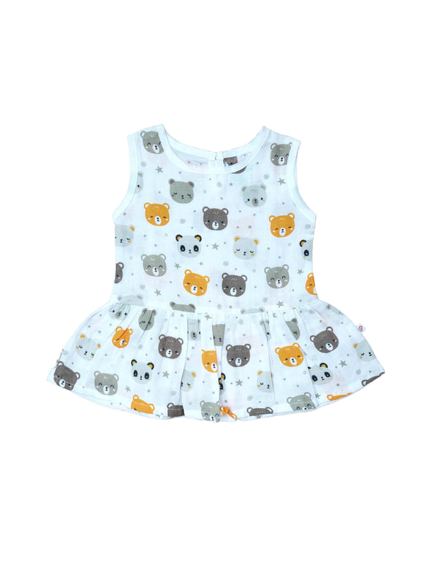 FIRSTIN Muslin Frock Back Button - Teddy Head