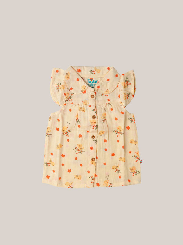 FIRSTIN Muslin Collar Neck Frock - Vanilla Humming Bird