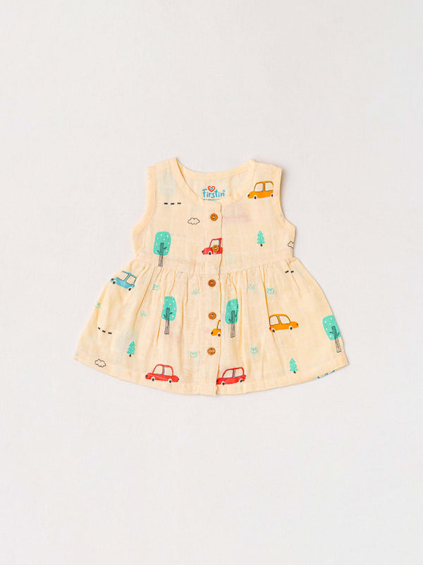 FIRSTIN Muslin Front Open Sleeveless Frock - Vanilla Pine