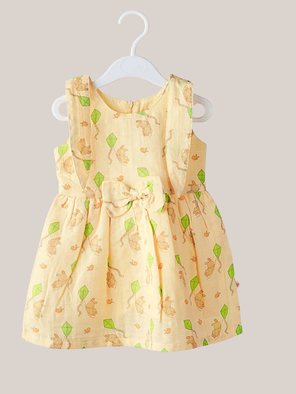 FIRSTIN Muslin Vannila Bunny Kite Self Knotted Frock With Bow