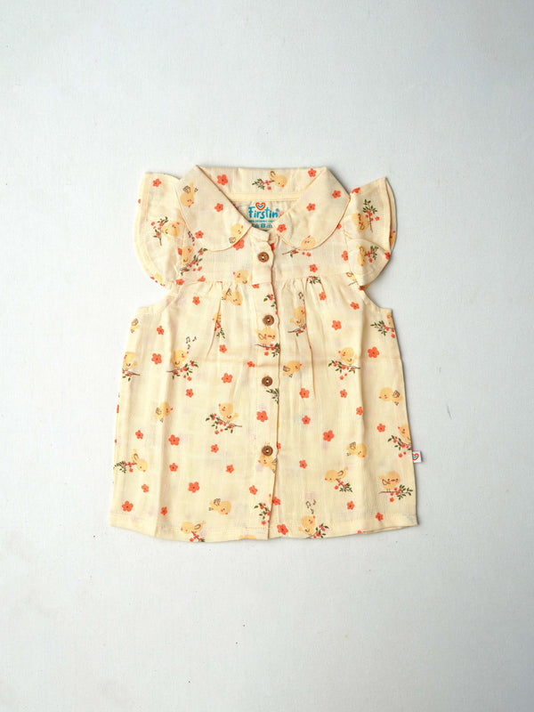 FIRSTIN Muslin Collar Neck Frock - Vanilla Humming Bird