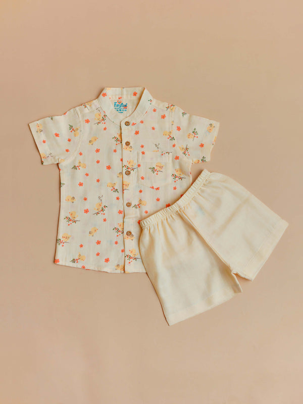 FIRSITN Muslin Co-Ord Set Half Sleeve - Vanilla Humming Bird