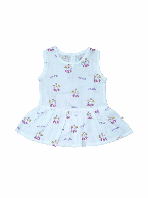 FIRSTIN Muslin Frock Back Button - (W) White Big Dream