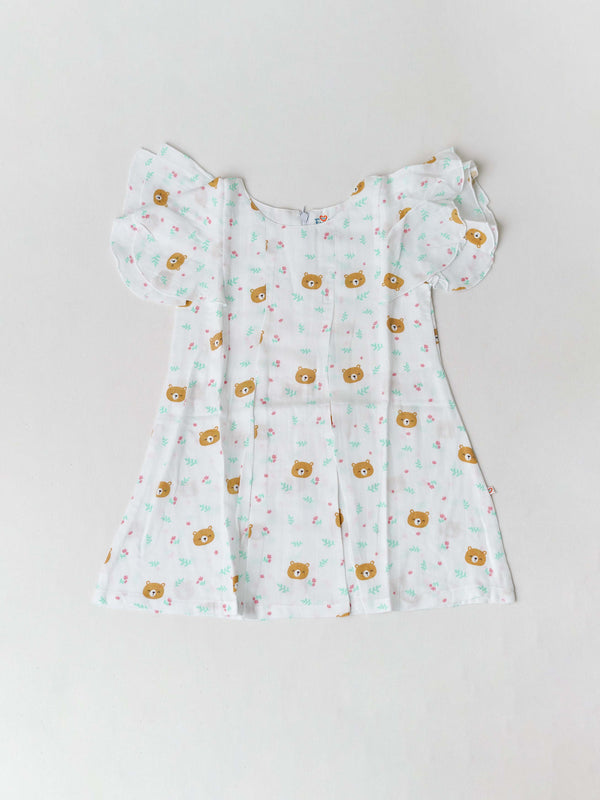 FIRSTIN Muslin Butterfly Sleeve Frock - (W) Chino Green Twigs