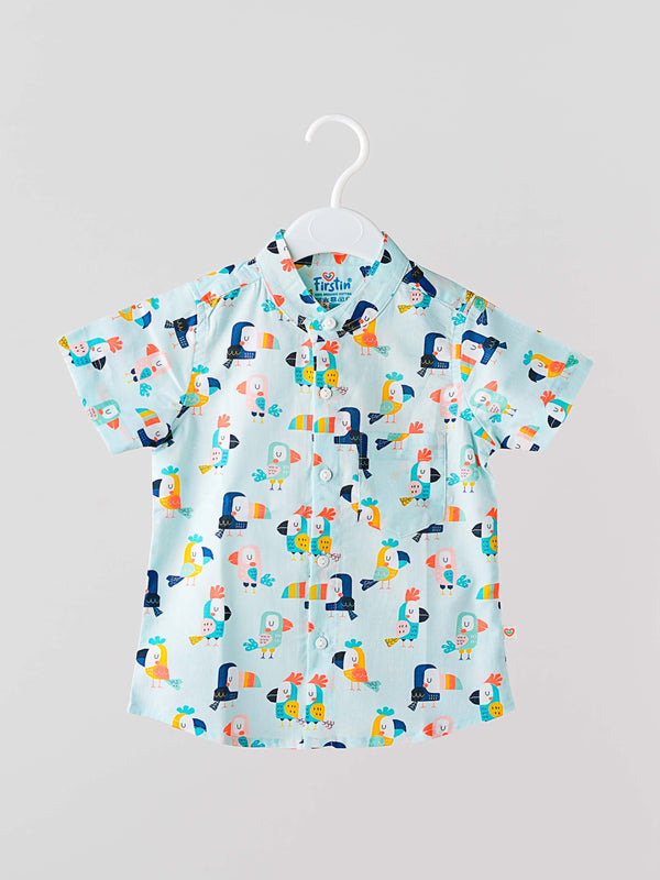 FIRSTIN Poplin Woody Woodpecker Chinese Collar Shirt Full Open