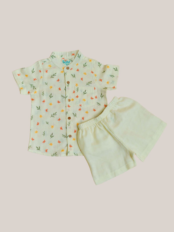 FIRSTIN Muslin Co-Ord Set Half Sleeve - Yellow Spring