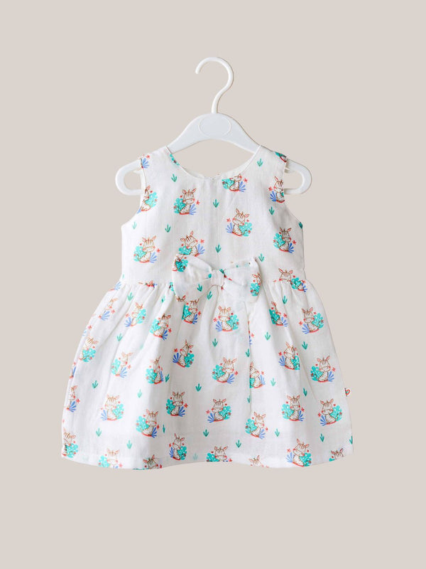 FIRSTIN Muslin White Base Yellow Zippy Zepra Self Knotted Frock With Bow