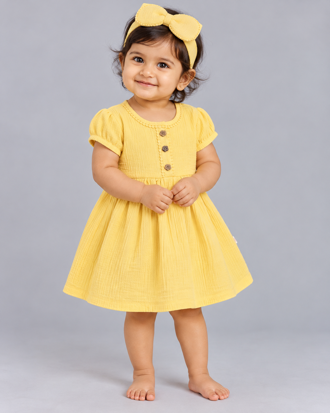Muslin Lycra Fairy Frock (With Head Band) - Lemon Yellow