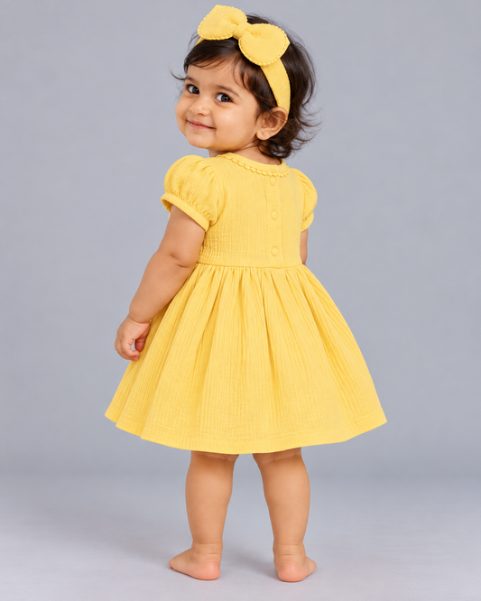 Muslin Lycra Fairy Frock (With Head Band) - Lemon Yellow