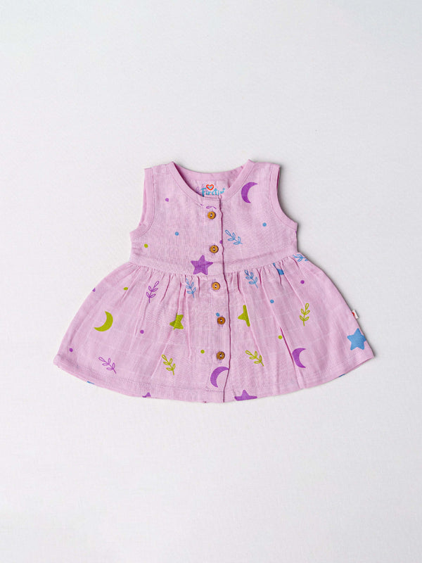 FIRSTIN Muslin Front Open Sleeveless Frock - Fragrant Lilac Astro