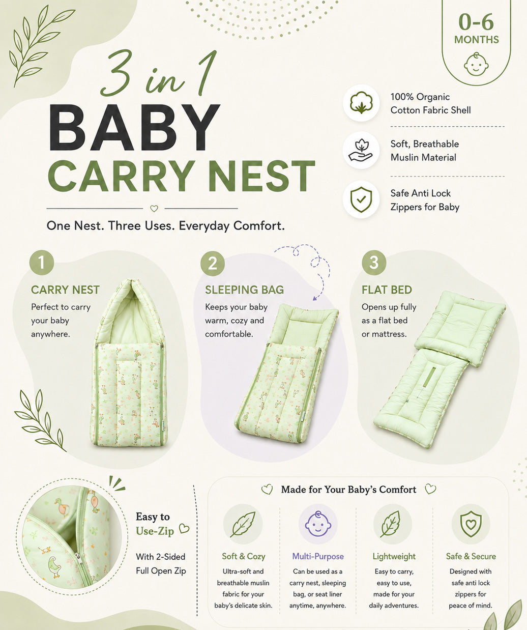 Lime Cream Runner Duck Muslin Baby Carrier Nest