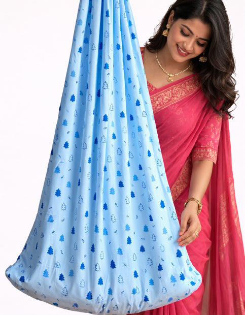 Blue Fir Tree Print Poplin Cradle / Thottil / Jhula With Matching Net