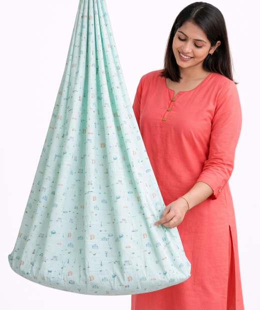 Mint Cliff Print Poplin Cradle / Thottil / Jhula With Matching Net