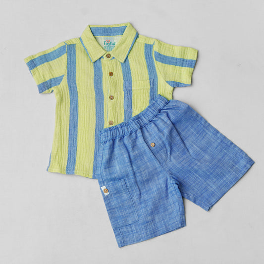 Y/D Muslin Crinkle Breezy Shirt-Shorts Set - Bengal Stripe