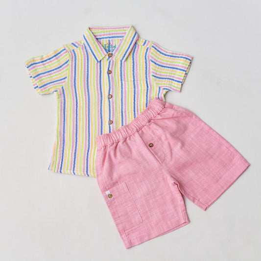 Y/D Muslin Crinkle Breezy Shirt-Shorts Set - Candy Stripe