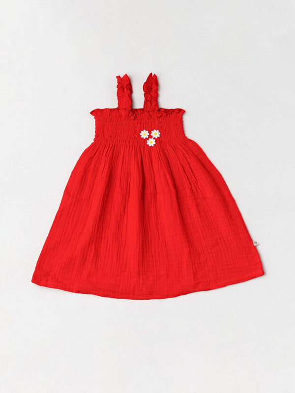 FIRSTIN Muslin Bubble Crinkle Smocking Frock - Carmine
