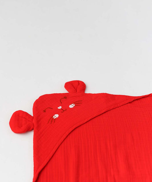 Muslin Bubble Crinkle Hooded Blanket - Carmine (Kitty)
