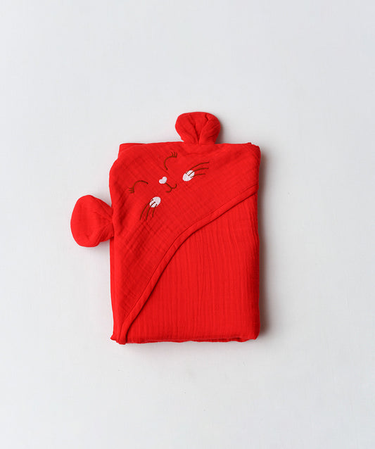 Muslin Bubble Crinkle Hooded Blanket - Carmine (Kitty)
