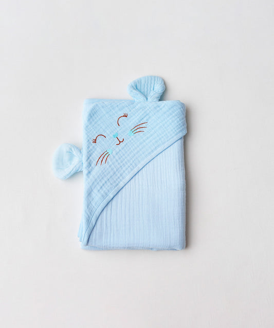 Muslin Bubble Crinkle Hooded Blanket - Aqua (Kitty)
