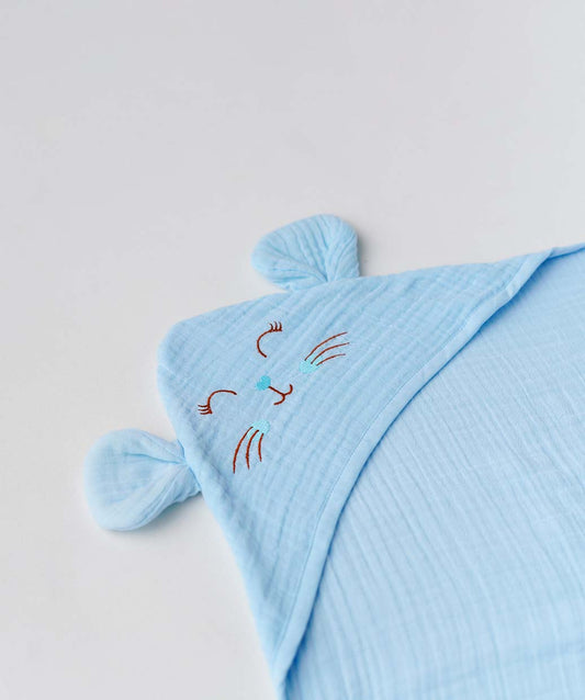 Muslin Bubble Crinkle Hooded Blanket - Aqua (Kitty)