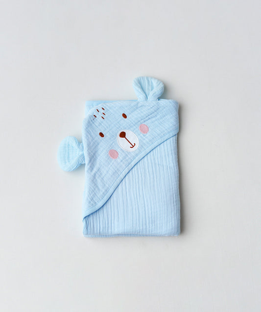 Muslin Bubble Crinkle Hooded Blanket - Aqua (Puppy)