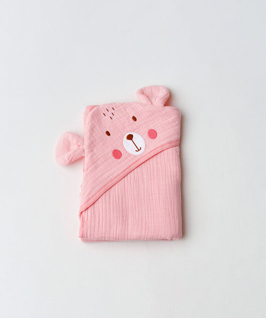 Muslin Bubble Crinkle Hooded Blanket - Flamingo Pink (Puppy)