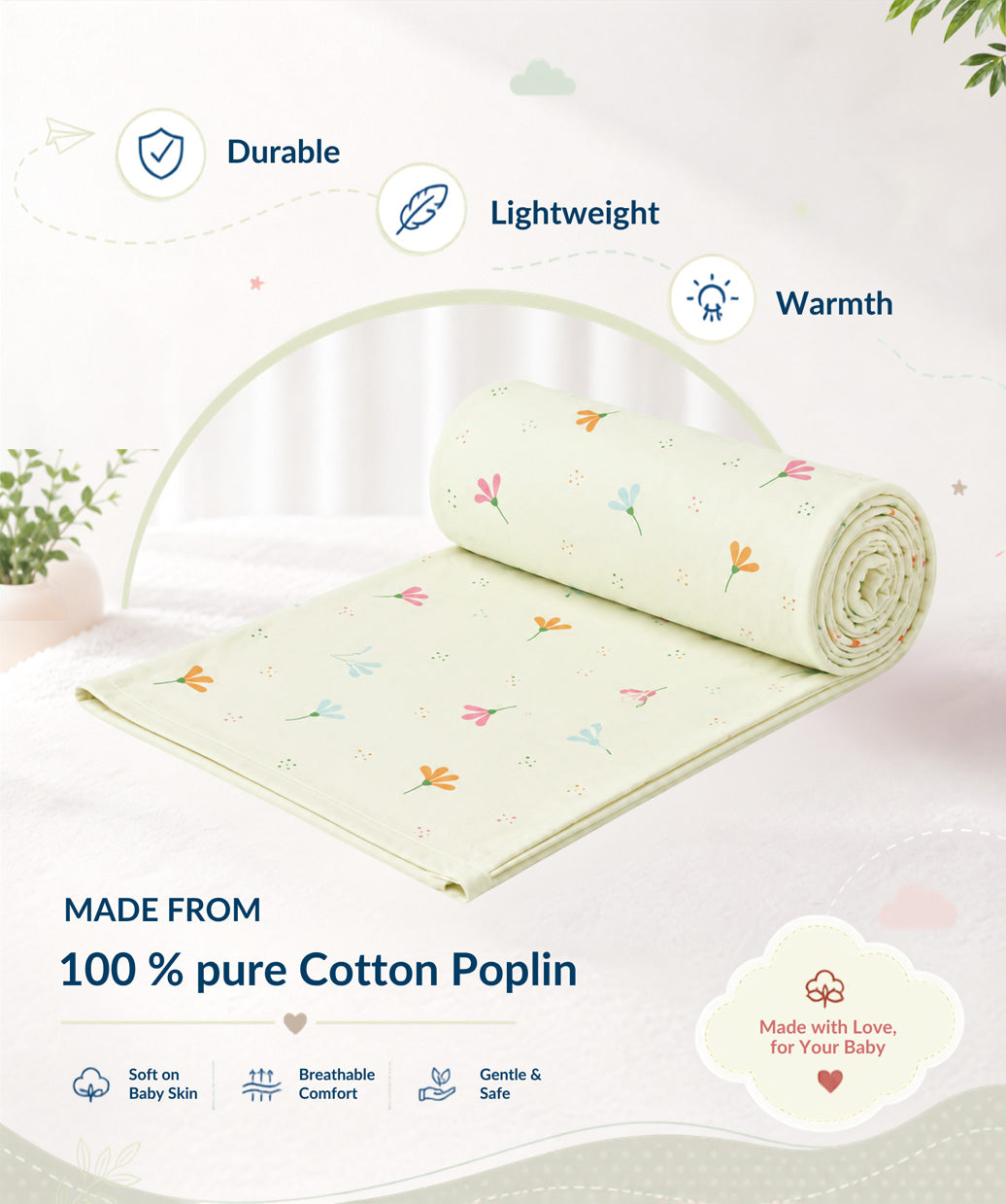 Poplin Cotton Dohar (Premium Bed Protector) - Lime Cream Bloom