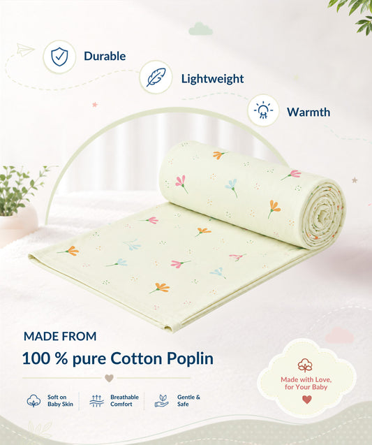 Poplin Cotton Dohar (Premium Bed Protector) - Lime Cream Bloom