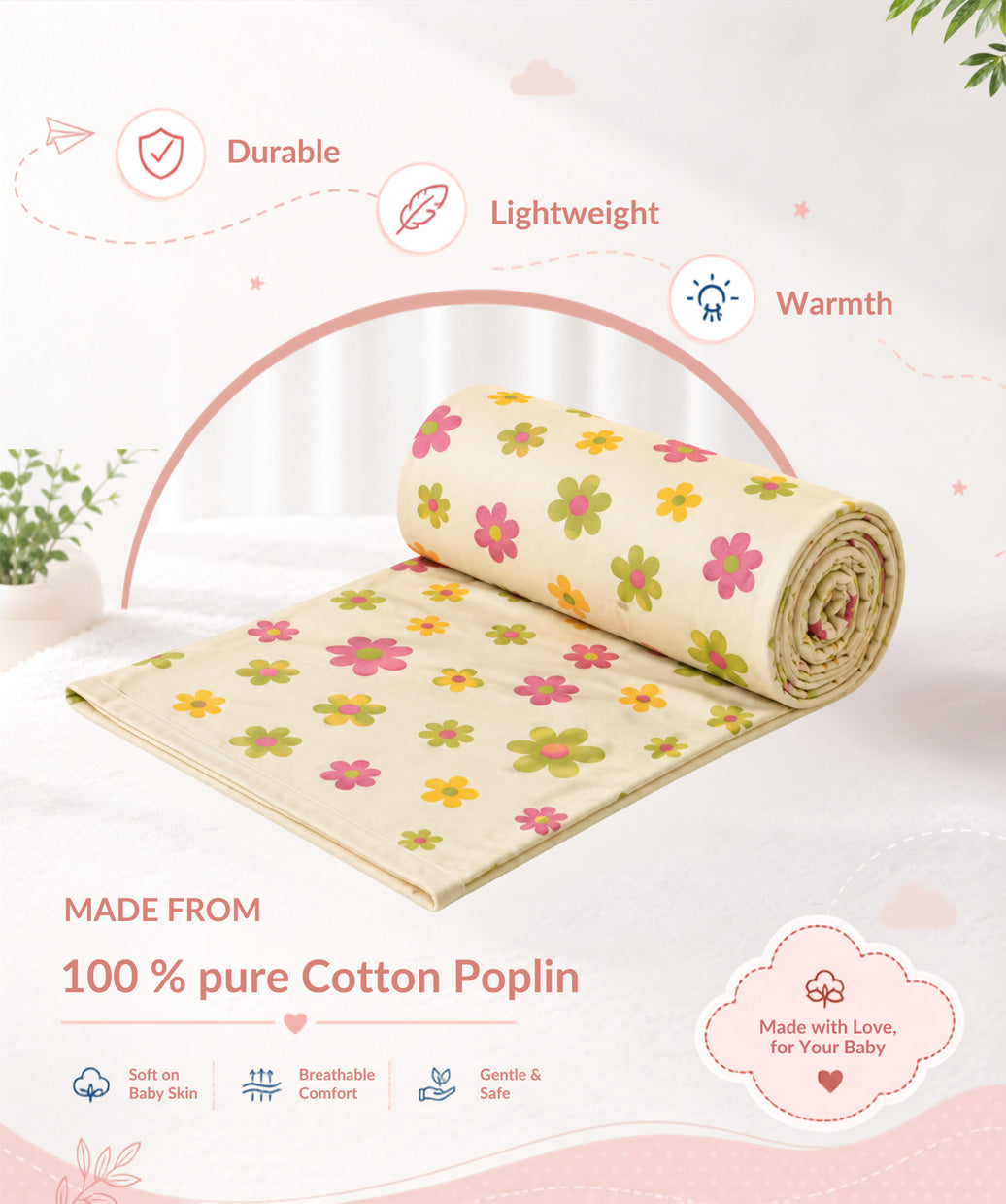 Poplin Cotton  Dohar (Premium Bed Protector) - Vanilla Petals